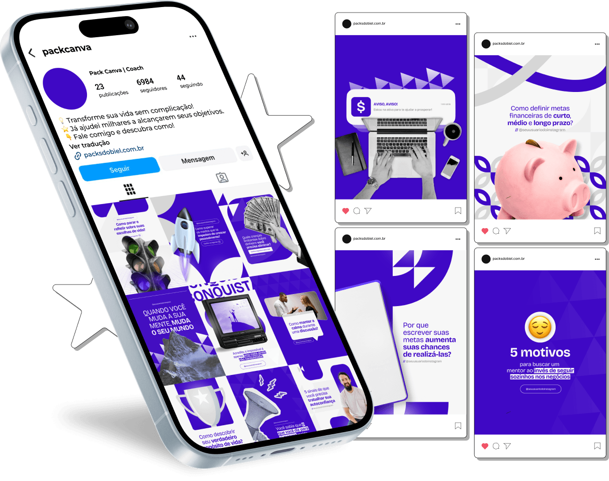 Pack Canva Coach – Desenvolvimento Pessoal, Motivação e Transformação – Com este kit de posts e artes editáveis no Canva, coaches de vida, coaches de carreira, coaches de negócios e profissionais da área de desenvolvimento pessoal podem criar conteúdos prontos para postar no Instagram e redes sociais. Inclui materiais personalizados com dicas de motivação, gestão de tempo, estratégias para alcançar objetivos, bem-estar emocional, liderança e estratégias de coaching. Ideal para fortalecer sua marca, atrair clientes, educar sua audiência e aumentar a visibilidade no mercado de coaching de forma estratégica e profissional.