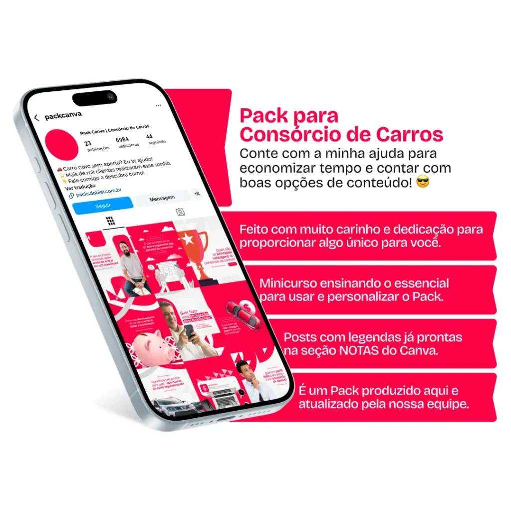 Pack Canva Consórcio de Carros – Financiamento, Vantagens e Dicas para Clientes – Com este kit de posts e artes editáveis no Canva, consultores de consórcio, corretores de financiamento, vendedores de veículos e profissionais do setor automotivo podem criar conteúdos prontos para postar no Instagram e redes sociais. Inclui materiais personalizados com informações sobre como funciona o consórcio, vantagens em relação ao financiamento, estratégias para contemplação rápida, dicas para fechar negócios e educar clientes sobre as melhores opções do mercado. Ideal para fortalecer a presença digital, gerar leads qualificados e aumentar as vendas.