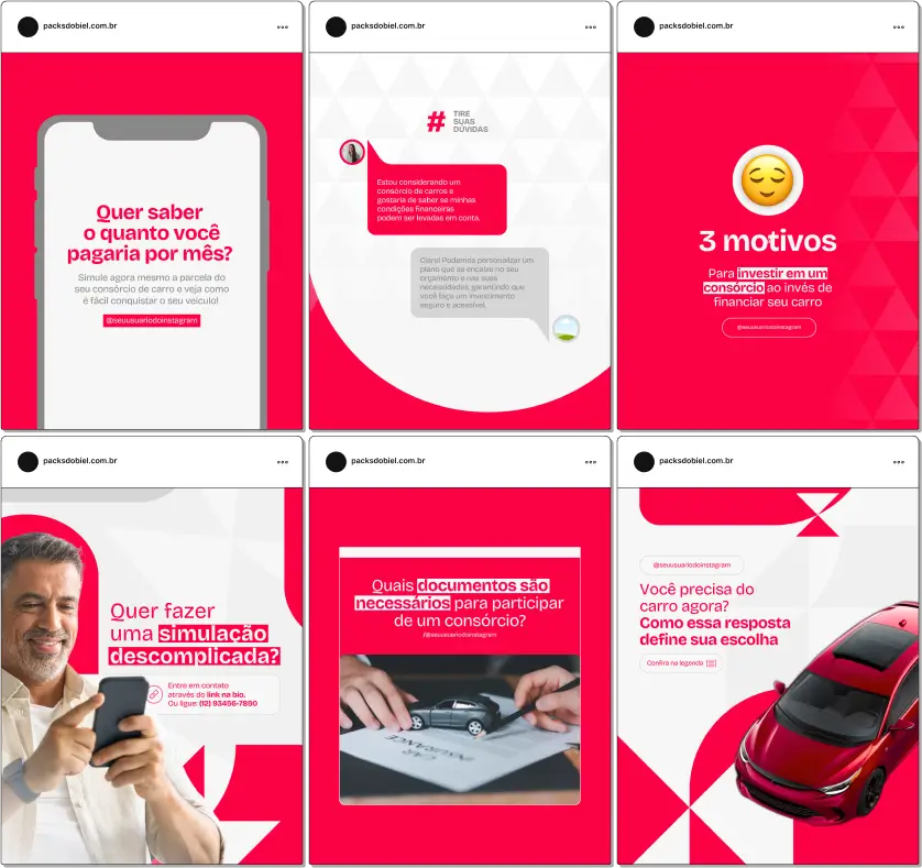 Pack Canva Consórcio de Carros – Financiamento, Vantagens e Dicas para Clientes – Com este kit de posts e artes editáveis no Canva, consultores de consórcio, corretores de financiamento, vendedores de veículos e profissionais do setor automotivo podem criar conteúdos prontos para postar no Instagram e redes sociais. Inclui materiais personalizados com informações sobre como funciona o consórcio, vantagens em relação ao financiamento, estratégias para contemplação rápida, dicas para fechar negócios e educar clientes sobre as melhores opções do mercado. Ideal para fortalecer a presença digital, gerar leads qualificados e aumentar as vendas.