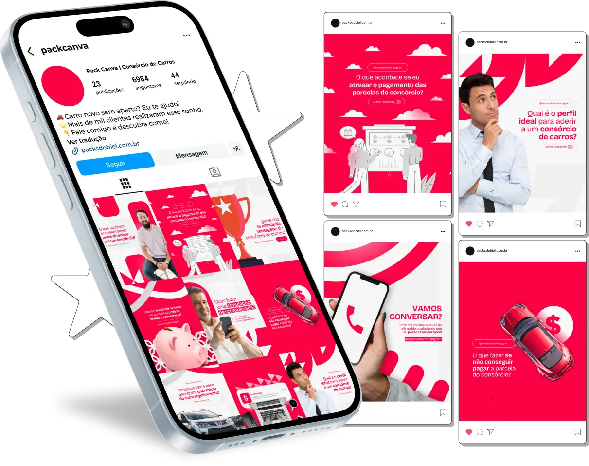 Pack Canva Consórcio de Carros – Financiamento, Vantagens e Dicas para Clientes – Com este kit de posts e artes editáveis no Canva, consultores de consórcio, corretores de financiamento, vendedores de veículos e profissionais do setor automotivo podem criar conteúdos prontos para postar no Instagram e redes sociais. Inclui materiais personalizados com informações sobre como funciona o consórcio, vantagens em relação ao financiamento, estratégias para contemplação rápida, dicas para fechar negócios e educar clientes sobre as melhores opções do mercado. Ideal para fortalecer a presença digital, gerar leads qualificados e aumentar as vendas.