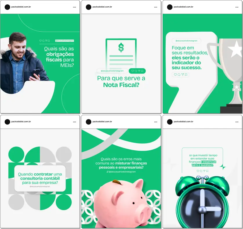 Ganhe visibilidade nas redes com um visual moderno e conteúdo certeiro! Este pack Canva para contabilidade traz posts que educam e engajam seu público com temas como fluxo de caixa, regularização de empresa, Simples Nacional e muito mais.