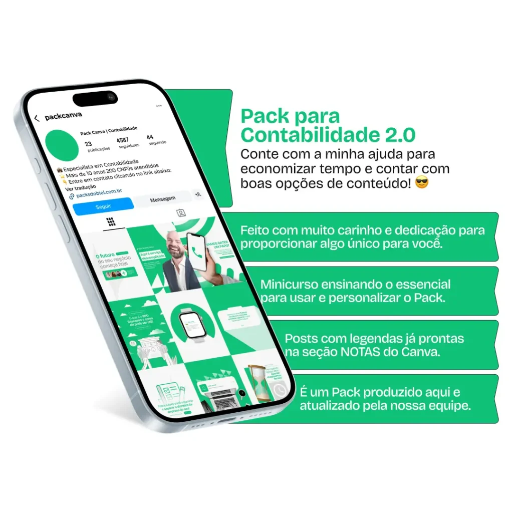 Pack Canva Contabilidade 2.0 – Gestão Financeira e Consultoria Contábil – Com este kit de posts e artes editáveis no Canva, contadores, escritórios de contabilidade e consultores financeiros podem criar conteúdos prontos para postar no Instagram e redes sociais. Inclui materiais personalizados com dicas sobre impostos, planejamento tributário, contabilidade empresarial, declaração de impostos, gestão de finanças pessoais, dicas para empreendedores e promoções de serviços contábeis. Ideal para atrair novos clientes, educar a audiência e fortalecer a presença digital de forma estratégica e profissional.
