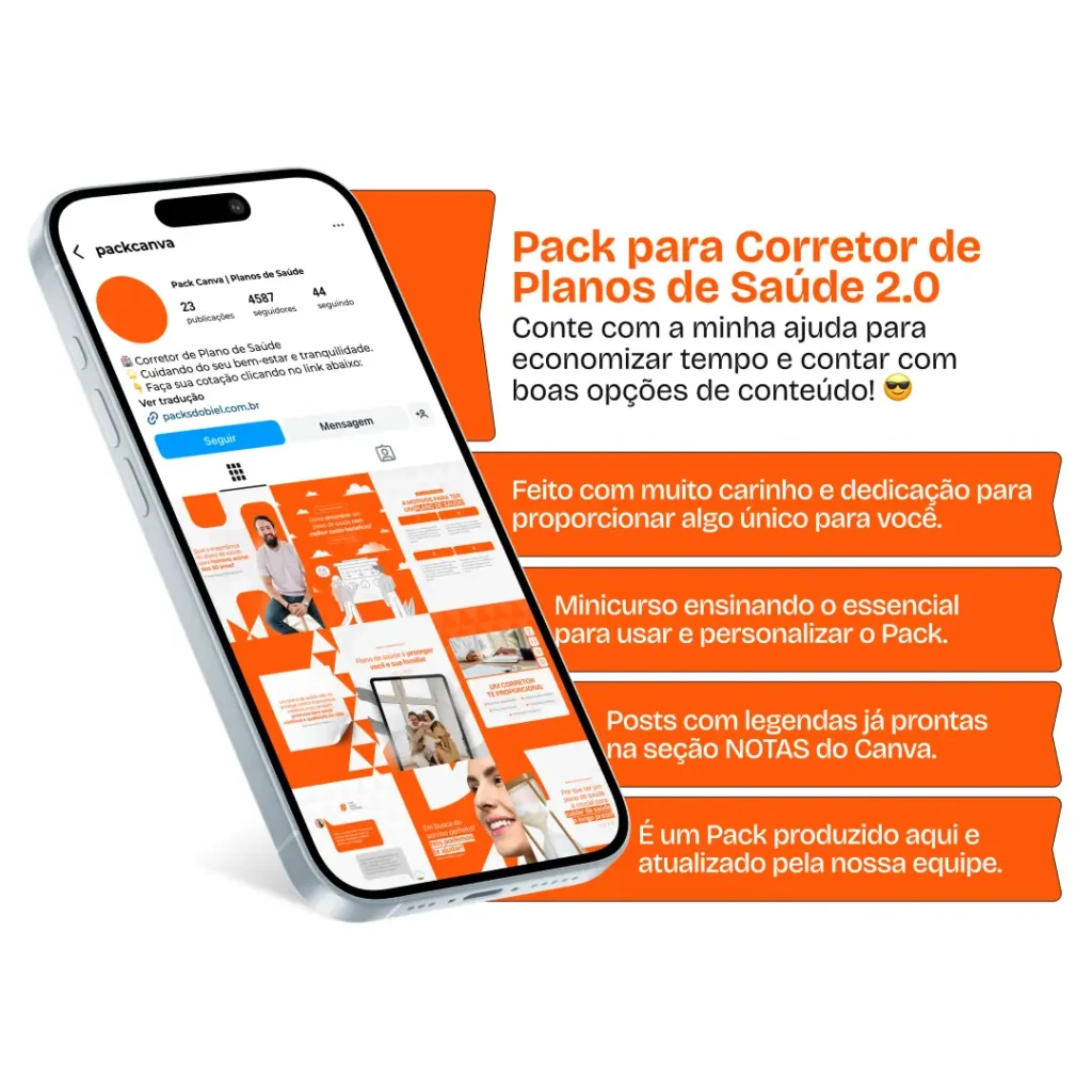 Pack Canva Corretor de Planos de Saúde 2.0 – Vendas, Benefícios e Dicas de Saúde – Com este kit de posts e artes editáveis no Canva, corretores de planos de saúde, consultores de seguros e profissionais da área podem criar conteúdos prontos para postar no Instagram e redes sociais. Inclui materiais personalizados com informações sobre tipos de planos, coberturas, vantagens da adesão, comparativos entre operadoras, cuidados com a saúde e estratégias para captação de clientes. Ideal para fortalecer a presença digital, educar o público e aumentar as vendas de forma estratégica e profissional.