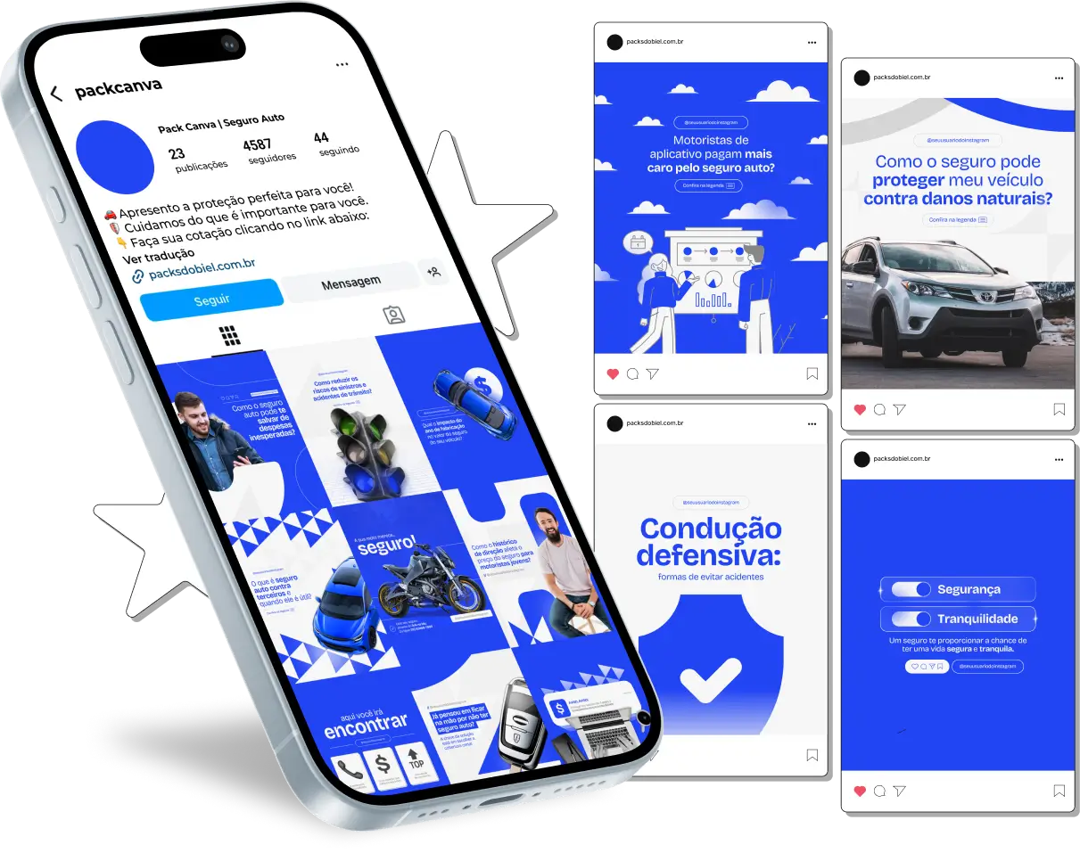 Pack Canva Corretor de Seguro Auto 2.0 – Proteção Veicular e Segurança no Trânsito – Com este kit de posts e artes editáveis no Canva, corretores de seguro, empresas de seguros de automóveis e profissionais da área podem criar conteúdos prontos para postar no Instagram e redes sociais. Inclui materiais personalizados com informações sobre tipos de seguro, benefícios da proteção veicular, dicas de prevenção de acidentes, promoções de serviços e comparações de apólices. Ideal para atrair clientes, educar motoristas sobre a importância do seguro e aumentar a visibilidade da sua empresa de forma estratégica e profissional.
