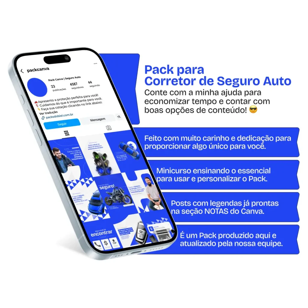 Pack Canva Corretor de Seguro Auto 2.0 – Proteção Veicular e Segurança no Trânsito – Com este kit de posts e artes editáveis no Canva, corretores de seguro, empresas de seguros de automóveis e profissionais da área podem criar conteúdos prontos para postar no Instagram e redes sociais. Inclui materiais personalizados com informações sobre tipos de seguro, benefícios da proteção veicular, dicas de prevenção de acidentes, promoções de serviços e comparações de apólices. Ideal para atrair clientes, educar motoristas sobre a importância do seguro e aumentar a visibilidade da sua empresa de forma estratégica e profissional.