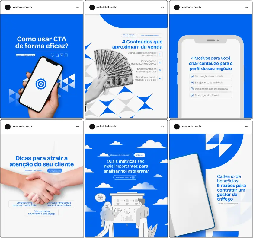 Pack Canva Gestor de Tráfego – Kit com artes editáveis e posts prontos para redes sociais. Ideal para profissionais que desejam gerar autoridade no Instagram, atrair clientes para gestão de anúncios pagos e explicar de forma simples o que faz um gestor de tráfego, como funciona o ROI, funis, testes A/B e muito mais.