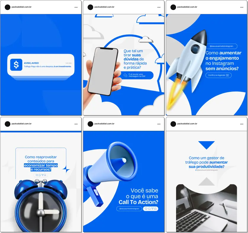 Pack Canva Gestor de Tráfego – Kit com artes editáveis e posts prontos para redes sociais. Ideal para profissionais que desejam gerar autoridade no Instagram, atrair clientes para gestão de anúncios pagos e explicar de forma simples o que faz um gestor de tráfego, como funciona o ROI, funis, testes A/B e muito mais.