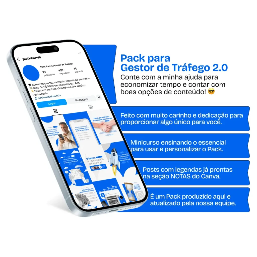 Pack Canva Gestor de Tráfego 2.0 – Estratégias de Anúncios e Marketing Digital – Com este kit de posts e artes editáveis no Canva, gestores de tráfego, social media, afiliados e empreendedores podem criar conteúdos prontos para postar no Instagram e redes sociais. Inclui materiais personalizados com dicas sobre Facebook Ads, Google Ads, funil de vendas, remarketing, otimização de campanhas, geração de leads e aumento de conversões. Ideal para atrair clientes, educar sua audiência e fortalecer sua presença digital de forma estratégica e profissional.