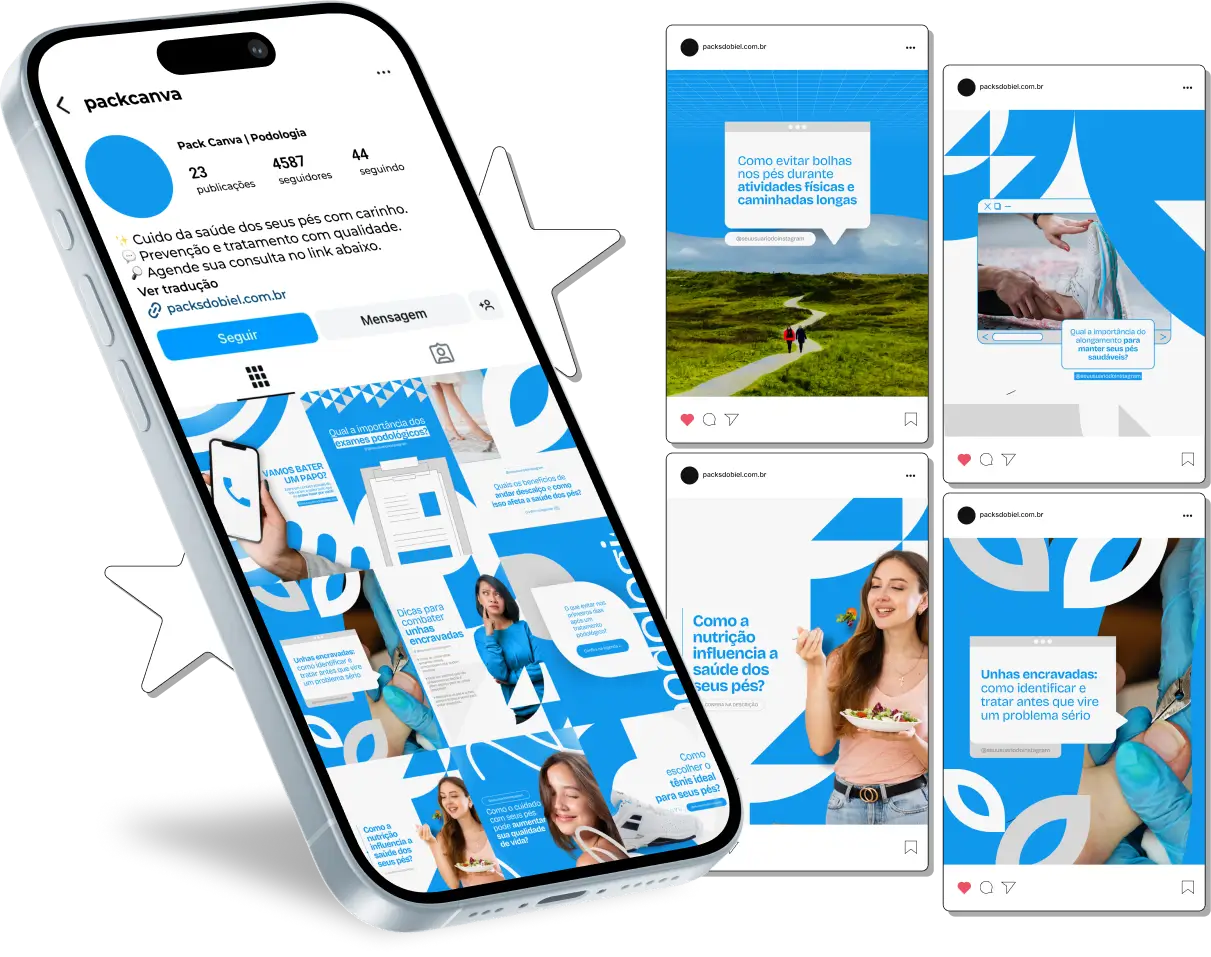 Pack Canva Podologia, Cuidados com os Pés e Saúde Podal – Com este kit de posts e artes editáveis no Canva, podólogos, clínicas de podologia e profissionais de cuidados com os pés podem criar conteúdos prontos para postar no Instagram e redes sociais. Inclui materiais personalizados com conteúdos educativos sobre cuidados podais, prevenção de problemas nos pés, tratamentos estéticos e médicos, dicas de saúde para os pés e promoções de serviços. Ideal para atrair clientes em busca de cuidados podológicos, fortalecer sua presença digital e promover seus serviços de forma estratégica e profissional.