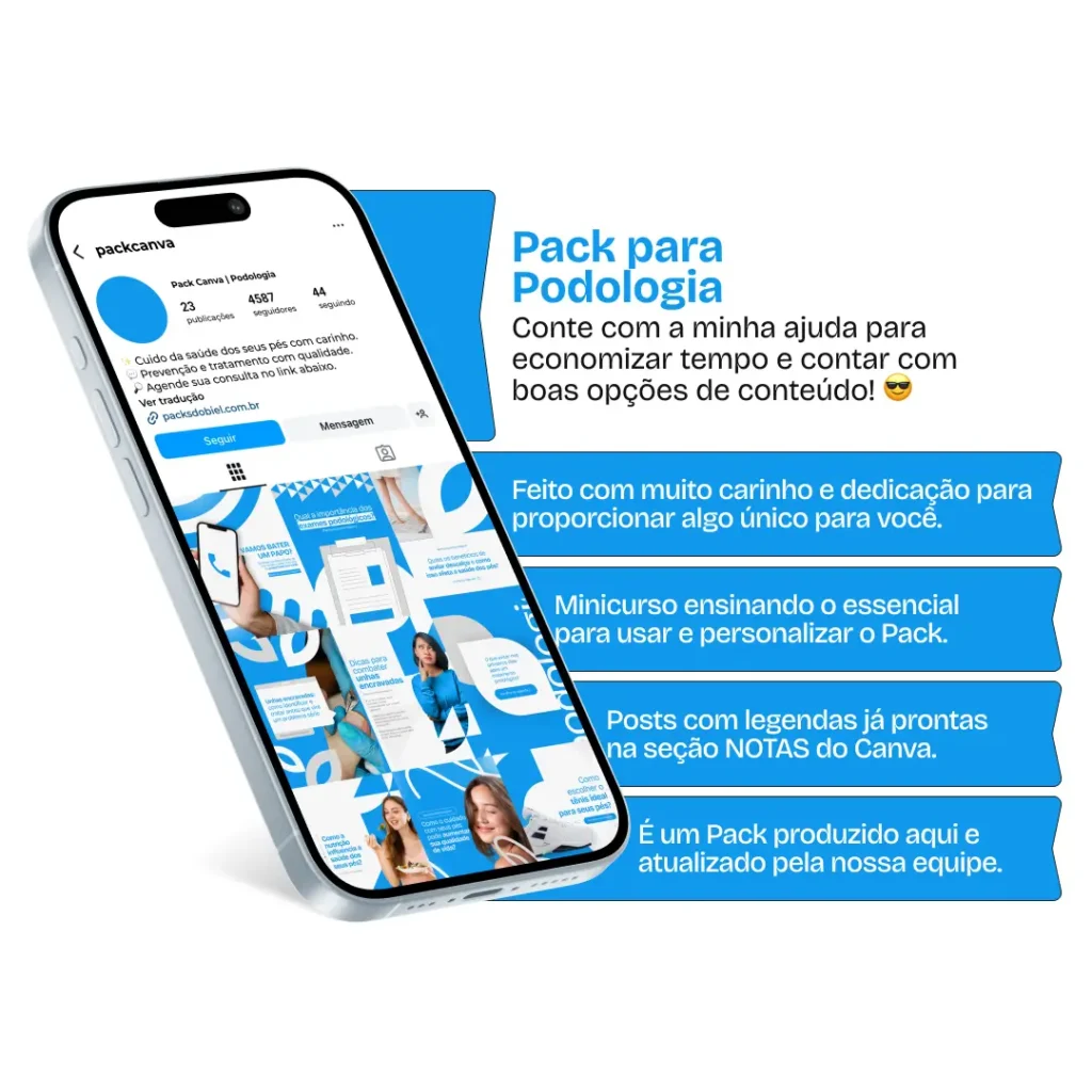 Pack Canva Podologia, Cuidados com os Pés e Saúde Podal – Com este kit de posts e artes editáveis no Canva, podólogos, clínicas de podologia e profissionais de cuidados com os pés podem criar conteúdos prontos para postar no Instagram e redes sociais. Inclui materiais personalizados com conteúdos educativos sobre cuidados podais, prevenção de problemas nos pés, tratamentos estéticos e médicos, dicas de saúde para os pés e promoções de serviços. Ideal para atrair clientes em busca de cuidados podológicos, fortalecer sua presença digital e promover seus serviços de forma estratégica e profissional.