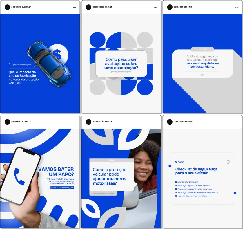 Pack Canva Proteção Veicular, Seguro e Segurança no Trânsito – Com este kit de posts e artes editáveis no Canva, corretores de seguro, empresas de proteção veicular e profissionais do setor automotivo podem criar conteúdos prontos para postar no Instagram e redes sociais. Inclui materiais personalizados com informações sobre benefícios da proteção veicular, dicas de segurança no trânsito, comparações entre seguros, promoção de serviços e orientações para motoristas. Ideal para atrair clientes interessados em proteger seus veículos e aumentar a visibilidade da sua empresa no mercado de forma estratégica e profissional.