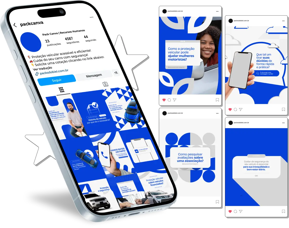 Pack Canva Proteção Veicular, Seguro e Segurança no Trânsito – Com este kit de posts e artes editáveis no Canva, corretores de seguro, empresas de proteção veicular e profissionais do setor automotivo podem criar conteúdos prontos para postar no Instagram e redes sociais. Inclui materiais personalizados com informações sobre benefícios da proteção veicular, dicas de segurança no trânsito, comparações entre seguros, promoção de serviços e orientações para motoristas. Ideal para atrair clientes interessados em proteger seus veículos e aumentar a visibilidade da sua empresa no mercado de forma estratégica e profissional.