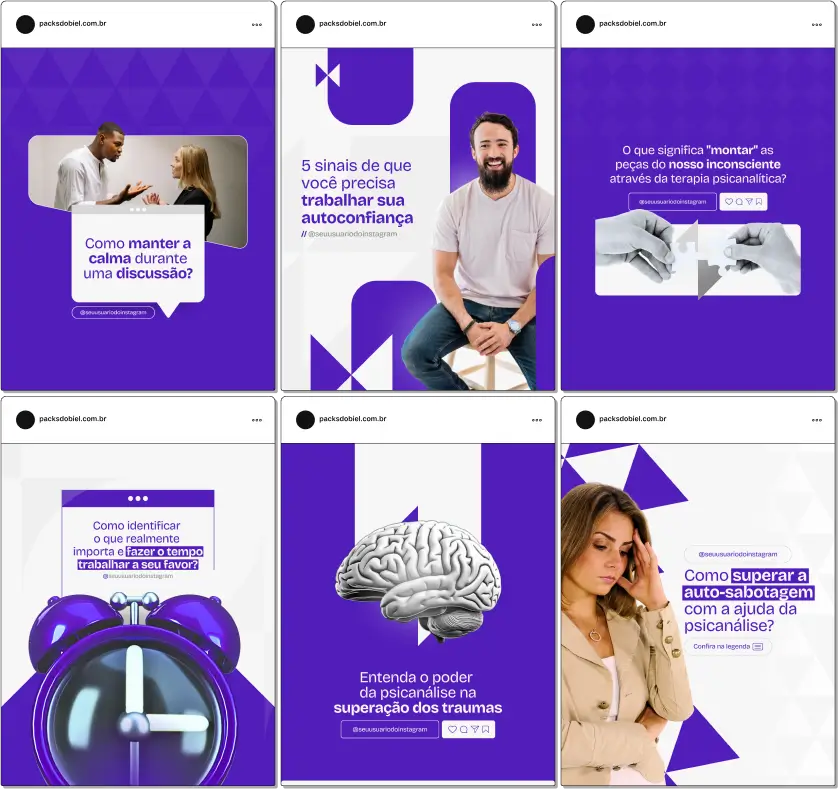 Pack Canva Psicanálise – Saúde Mental, Terapia e Autoconhecimento – Com este kit de posts e artes editáveis no Canva, psicanalistas, psicólogos, terapeutas e profissionais da área de saúde mental podem criar conteúdos prontos para postar no Instagram e redes sociais. Inclui materiais personalizados com temas sobre saúde mental, benefícios da psicanálise, técnicas terapêuticas, autoconhecimento, gestão emocional e bem-estar. Ideal para atrair clientes, educar a audiência sobre a importância da psicanálise e fortalecer a presença digital de forma estratégica e profissional.