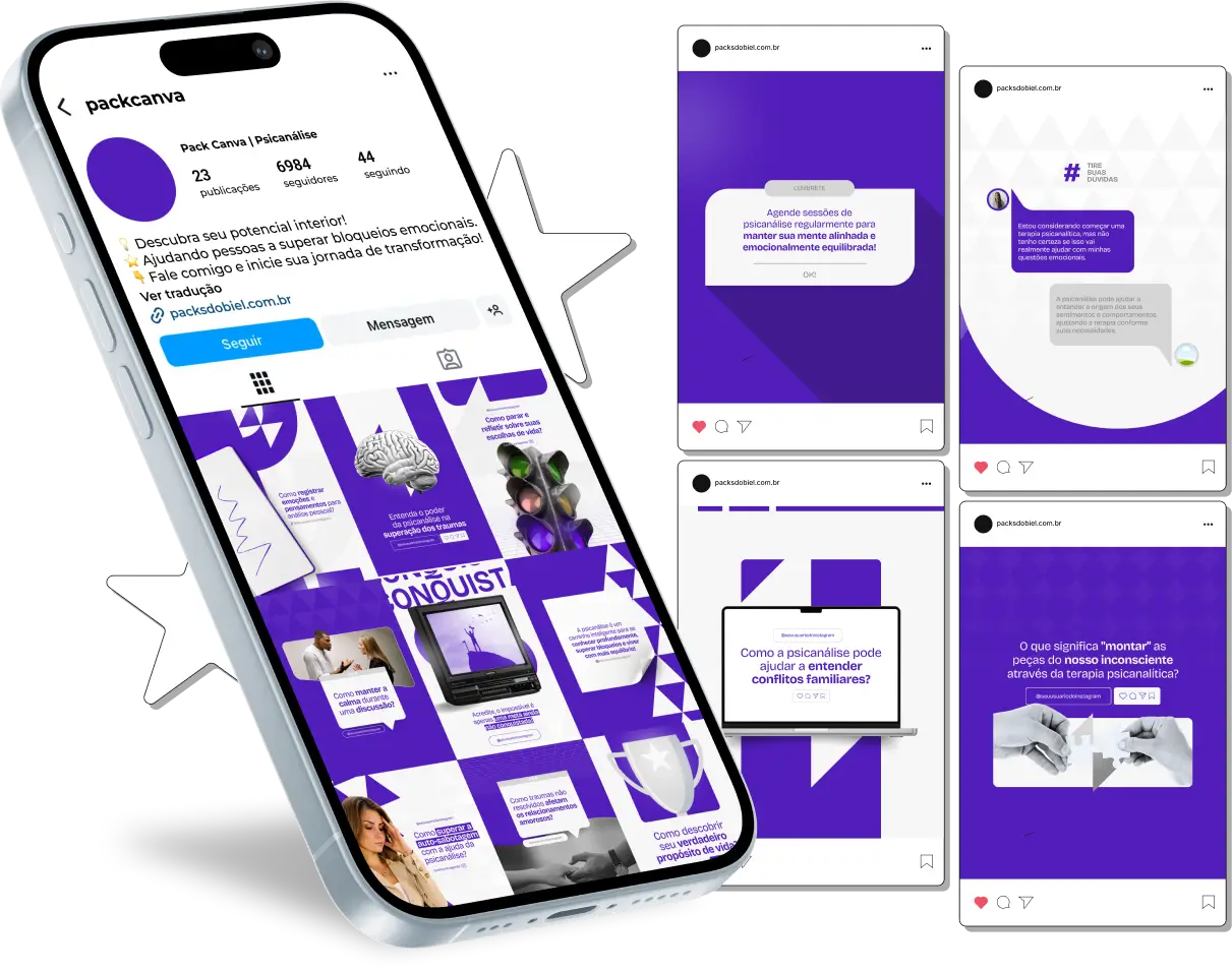 Pack Canva Psicanálise – Saúde Mental, Terapia e Autoconhecimento – Com este kit de posts e artes editáveis no Canva, psicanalistas, psicólogos, terapeutas e profissionais da área de saúde mental podem criar conteúdos prontos para postar no Instagram e redes sociais. Inclui materiais personalizados com temas sobre saúde mental, benefícios da psicanálise, técnicas terapêuticas, autoconhecimento, gestão emocional e bem-estar. Ideal para atrair clientes, educar a audiência sobre a importância da psicanálise e fortalecer a presença digital de forma estratégica e profissional.