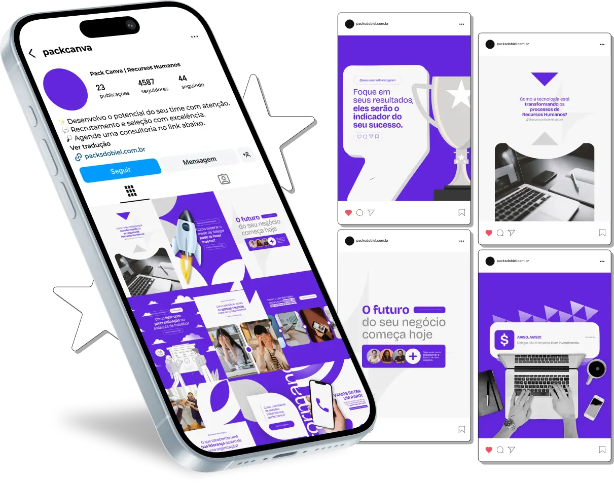 Pack Canva Recursos Humanos, Gestão de Pessoas e Desenvolvimento Organizacional – Com este kit de posts e artes editáveis no Canva, profissionais de recursos humanos, consultores de RH e empresas podem criar conteúdos prontos para postar no Instagram e redes sociais. Inclui materiais personalizados com conteúdos educativos sobre recrutamento e seleção, gestão de talentos, desenvolvimento de liderança, cultura organizacional, benefícios para colaboradores e promoções de serviços de RH. Ideal para engajar empresas, atrair novos talentos e fortalecer sua presença digital de forma estratégica e profissional.