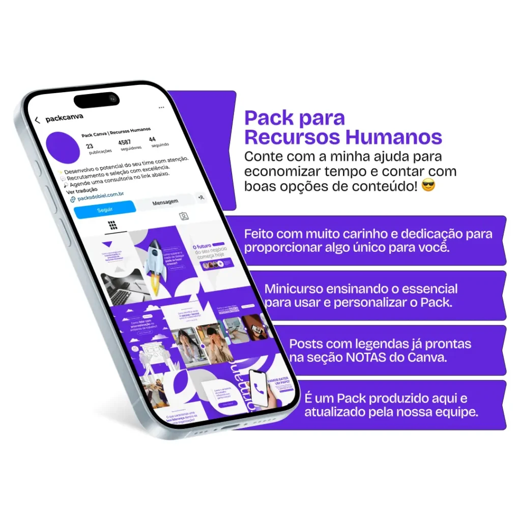 Pack Canva Recursos Humanos, Gestão de Pessoas e Desenvolvimento Organizacional – Com este kit de posts e artes editáveis no Canva, profissionais de recursos humanos, consultores de RH e empresas podem criar conteúdos prontos para postar no Instagram e redes sociais. Inclui materiais personalizados com conteúdos educativos sobre recrutamento e seleção, gestão de talentos, desenvolvimento de liderança, cultura organizacional, benefícios para colaboradores e promoções de serviços de RH. Ideal para engajar empresas, atrair novos talentos e fortalecer sua presença digital de forma estratégica e profissional.