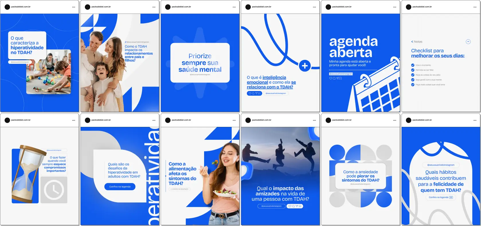 Pack Canva TDAH, Neurodiversidade e Saúde Mental – Com este kit de posts e artes editáveis no Canva, psicólogos, neuropsicólogos, pedagogos e profissionais da saúde mental podem criar conteúdos prontos para postar no Instagram e redes sociais. Inclui materiais personalizados com conteúdos educativos sobre Transtorno do Déficit de Atenção e Hiperatividade (TDAH), estratégias de manejo, dicas para organização e foco, apoio para pais e educadores, além de informações sobre tratamentos e terapias. Ideal para conscientizar, engajar seu público e fortalecer sua presença digital de forma estratégica e profissional.