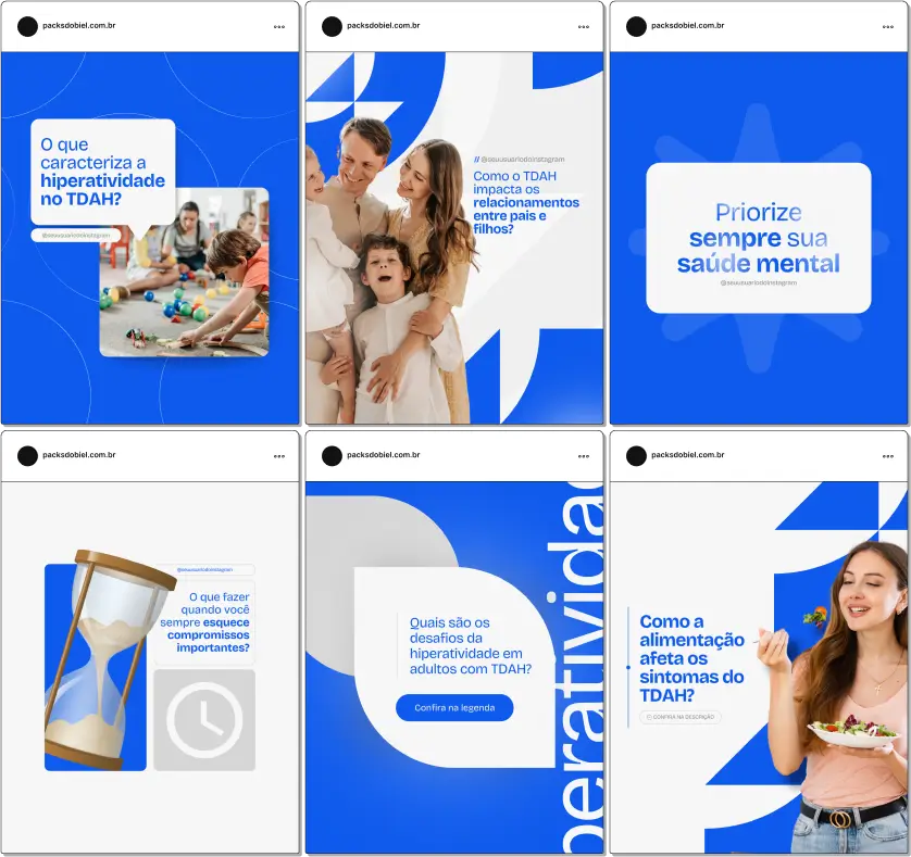Pack Canva TDAH, Neurodiversidade e Saúde Mental – Com este kit de posts e artes editáveis no Canva, psicólogos, neuropsicólogos, pedagogos e profissionais da saúde mental podem criar conteúdos prontos para postar no Instagram e redes sociais. Inclui materiais personalizados com conteúdos educativos sobre Transtorno do Déficit de Atenção e Hiperatividade (TDAH), estratégias de manejo, dicas para organização e foco, apoio para pais e educadores, além de informações sobre tratamentos e terapias. Ideal para conscientizar, engajar seu público e fortalecer sua presença digital de forma estratégica e profissional.