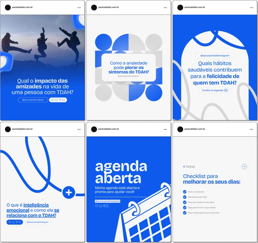 Pack Canva TDAH, Neurodiversidade e Saúde Mental – Com este kit de posts e artes editáveis no Canva, psicólogos, neuropsicólogos, pedagogos e profissionais da saúde mental podem criar conteúdos prontos para postar no Instagram e redes sociais. Inclui materiais personalizados com conteúdos educativos sobre Transtorno do Déficit de Atenção e Hiperatividade (TDAH), estratégias de manejo, dicas para organização e foco, apoio para pais e educadores, além de informações sobre tratamentos e terapias. Ideal para conscientizar, engajar seu público e fortalecer sua presença digital de forma estratégica e profissional.