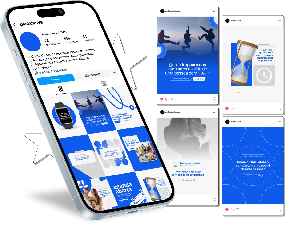 Pack Canva TDAH, Neurodiversidade e Saúde Mental – Com este kit de posts e artes editáveis no Canva, psicólogos, neuropsicólogos, pedagogos e profissionais da saúde mental podem criar conteúdos prontos para postar no Instagram e redes sociais. Inclui materiais personalizados com conteúdos educativos sobre Transtorno do Déficit de Atenção e Hiperatividade (TDAH), estratégias de manejo, dicas para organização e foco, apoio para pais e educadores, além de informações sobre tratamentos e terapias. Ideal para conscientizar, engajar seu público e fortalecer sua presença digital de forma estratégica e profissional.