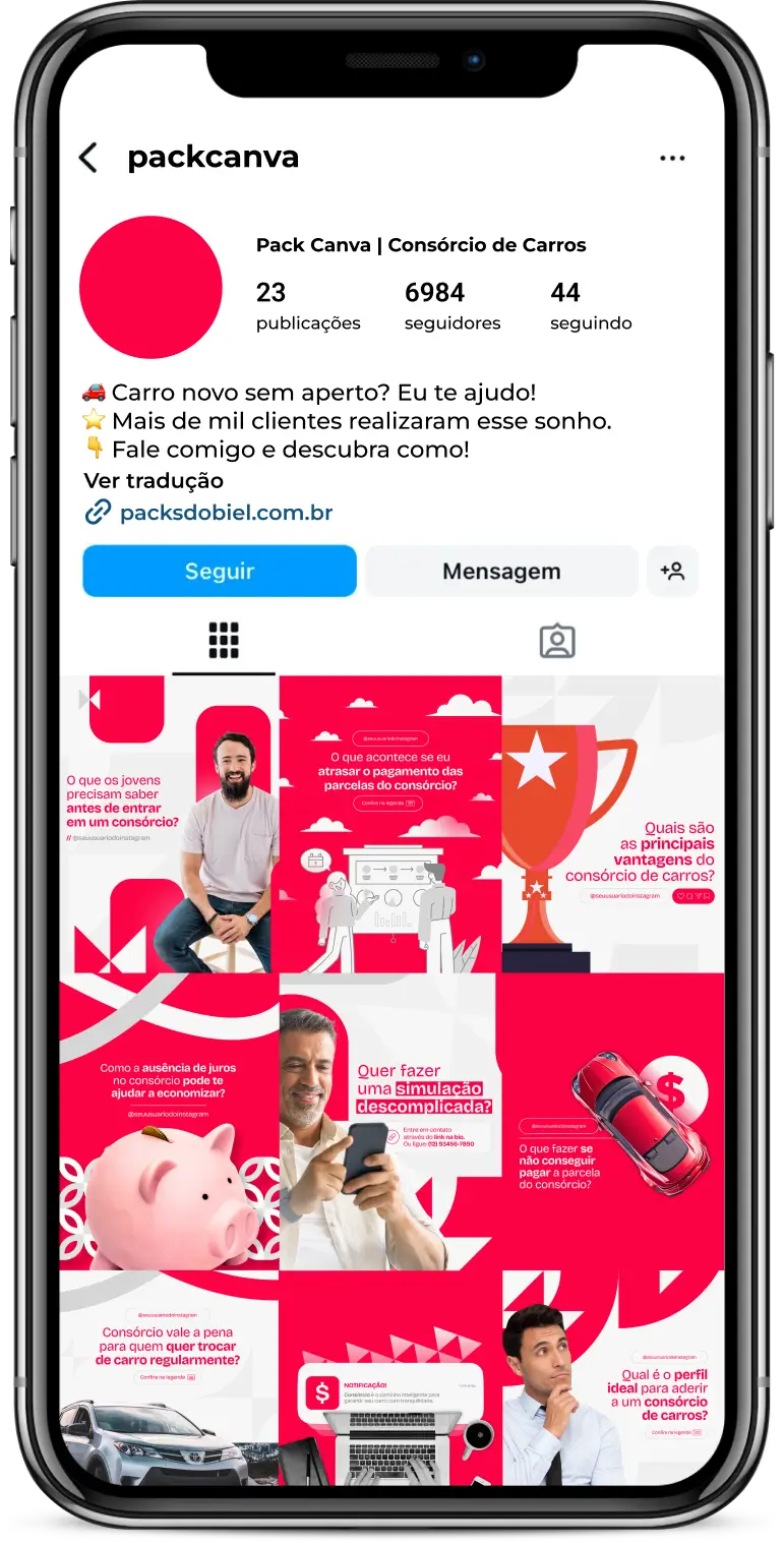 Pack Canva Consórcio de Carros – Financiamento, Vantagens e Dicas para Clientes – Com este kit de posts e artes editáveis no Canva, consultores de consórcio, corretores de financiamento, vendedores de veículos e profissionais do setor automotivo podem criar conteúdos prontos para postar no Instagram e redes sociais. Inclui materiais personalizados com informações sobre como funciona o consórcio, vantagens em relação ao financiamento, estratégias para contemplação rápida, dicas para fechar negócios e educar clientes sobre as melhores opções do mercado. Ideal para fortalecer a presença digital, gerar leads qualificados e aumentar as vendas.