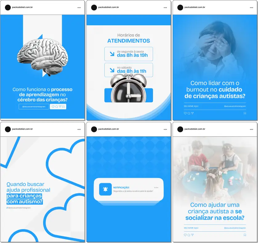 Pack Canva Autismo – Conteúdos para Redes Sociais – Com este kit de posts e artes editáveis no Canva, profissionais da saúde, educadores e especialistas em autismo podem criar conteúdos prontos para postar em perfis do Instagram e redes sociais. Inclui materiais sobre conscientização do autismo, abordagens terapêuticas, apoio à família, estratégias educacionais, inclusão social, bem-estar e dicas práticas para promover a compreensão e a aceitação do autismo. Ideal para engajar a comunidade e fortalecer a presença digital de profissionais especializados.