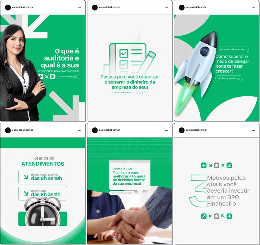 Pack Canva BPO Financeiro – Conteúdos para Redes Sociais – Com este kit de posts e artes editáveis no Canva, profissionais e empresas de BPO Financeiro podem compartilhar conteúdos estratégicos e informativos no Instagram e outras redes sociais. Inclui temas como gestão financeira, fluxo de caixa, contabilidade, planejamento estratégico, redução de custos e muito mais. Ideal para fortalecer sua autoridade digital e engajar seu público com materiais visuais atrativos e prontos para uso.