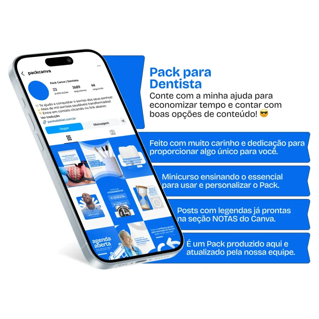 Perfil do Instagram com Artes e Posts Editáveis para Dentistas – Com este kit de posts e artes editáveis no Canva, dentistas e profissionais da odontologia podem criar conteúdos prontos para postar em perfis do Instagram e redes sociais. Inclui materiais sobre cuidados bucais, dicas de higiene, prevenção de cáries, tratamentos odontológicos, ortodontia, estética dental e muito mais. Ideal para fortalecer a presença digital, educar pacientes e atrair novos clientes para o consultório.