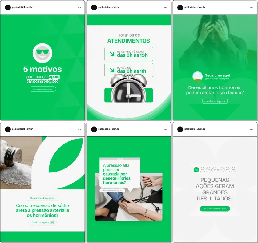 Pack Canva Endocrinologia – Conteúdos para Redes Sociais – Com este kit de posts e artes editáveis no Canva, endocrinologistas e clínicas de endocrinologia podem criar conteúdos prontos para postar em perfis do Instagram e redes sociais. Inclui materiais sobre doenças hormonais, diabetes, disfunções da tireoide, obesidade, saúde metabólica, tratamentos e prevenção. Ideal para educar pacientes sobre cuidados com a saúde hormonal, promover o bem-estar e fortalecer a presença digital dos profissionais de endocrinologia.