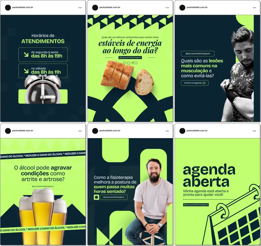 Perfil do Instagram com Artes e Posts Editáveis para Fisioterapia – Com este kit de posts e artes editáveis no Canva, fisioterapeutas e clínicas de fisioterapia podem criar conteúdos prontos para postar em perfis do Instagram e redes sociais. Inclui materiais personalizados sobre prevenção de lesões, reabilitação física, dicas de alongamento, posturas corretas, tratamentos terapêuticos, cuidados pós-cirúrgicos e muito mais. Ideal para educar a audiência sobre saúde física, atrair novos pacientes e aumentar a presença digital de profissionais da fisioterapia.