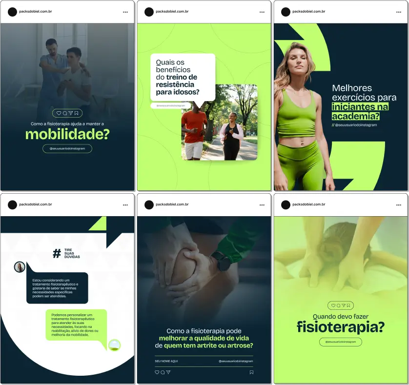 Pack Canva Fisioterapia – Conteúdos para Redes Sociais – Com este kit de posts e artes editáveis no Canva, fisioterapeutas podem criar conteúdos prontos para postar no Instagram e redes sociais. Inclui materiais sobre reabilitação, qualidade de vida, exercícios terapêuticos, ergonomia, prevenção de lesões e orientações para pacientes. Perfeito para fortalecer a presença digital, educar seguidores e atrair novos clientes.