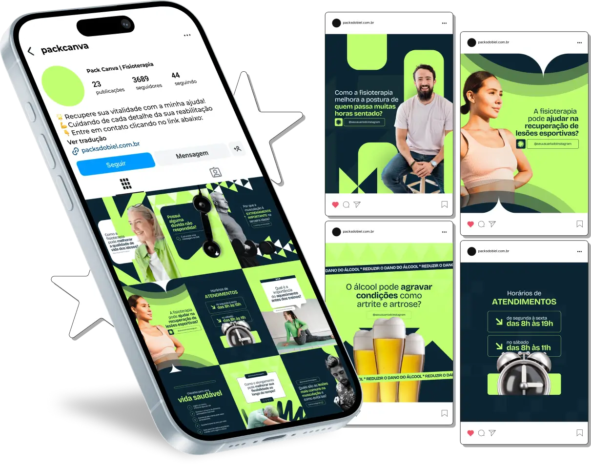 Perfil do Instagram com Artes e Posts Editáveis para Fisioterapia – Com este kit de posts e artes editáveis no Canva, fisioterapeutas e clínicas de fisioterapia podem criar conteúdos prontos para postar em perfis do Instagram e redes sociais. Inclui materiais personalizados sobre prevenção de lesões, reabilitação física, dicas de alongamento, posturas corretas, tratamentos terapêuticos, cuidados pós-cirúrgicos e muito mais. Ideal para educar a audiência sobre saúde física, atrair novos pacientes e aumentar a presença digital de profissionais da fisioterapia.