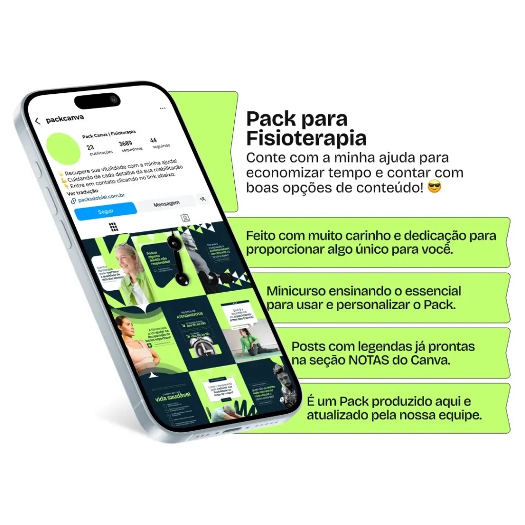 Perfil do Instagram com Artes e Posts Editáveis para Fisioterapia – Com este kit de posts e artes editáveis no Canva, fisioterapeutas e clínicas de fisioterapia podem criar conteúdos prontos para postar em perfis do Instagram e redes sociais. Inclui materiais personalizados sobre prevenção de lesões, reabilitação física, dicas de alongamento, posturas corretas, tratamentos terapêuticos, cuidados pós-cirúrgicos e muito mais. Ideal para educar a audiência sobre saúde física, atrair novos pacientes e aumentar a presença digital de profissionais da fisioterapia.
