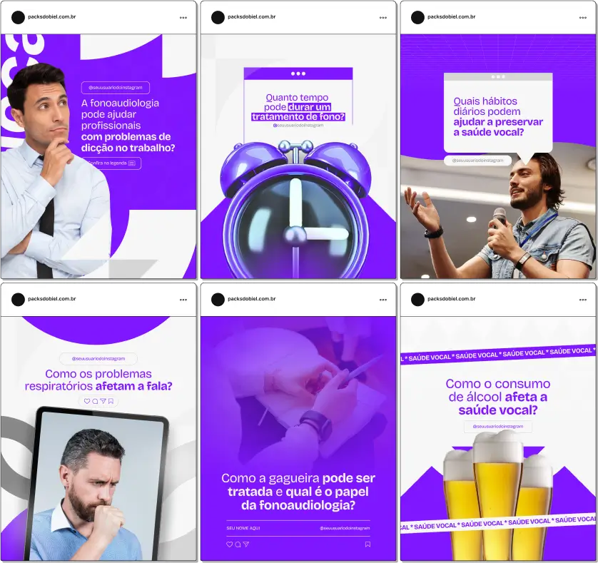 Pack Canva Fonoaudiologia – Comunicação, Saúde Vocal e Desenvolvimento da Fala – Com este kit de posts e artes editáveis no Canva, fonoaudiólogos, clínicas de fonoaudiologia e profissionais da saúde podem criar conteúdos prontos para postar no Instagram e redes sociais. Inclui materiais personalizados sobre desenvolvimento da fala, terapia da linguagem, saúde vocal, reabilitação auditiva, dicas para aprimorar a comunicação e orientações para pais e pacientes. Ideal para fortalecer a presença digital, educar a audiência e atrair novos pacientes de forma estratégica e profissional.