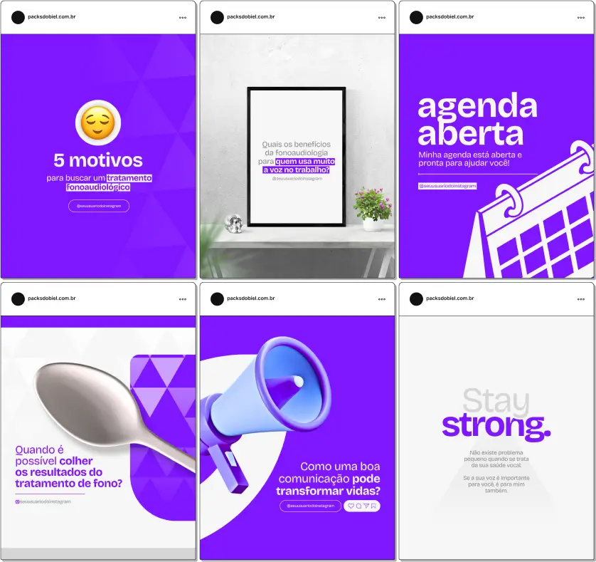 Pack Canva Fonoaudiologia – Comunicação, Saúde Vocal e Desenvolvimento da Fala – Com este kit de posts e artes editáveis no Canva, fonoaudiólogos, clínicas de fonoaudiologia e profissionais da saúde podem criar conteúdos prontos para postar no Instagram e redes sociais. Inclui materiais personalizados sobre desenvolvimento da fala, terapia da linguagem, saúde vocal, reabilitação auditiva, dicas para aprimorar a comunicação e orientações para pais e pacientes. Ideal para fortalecer a presença digital, educar a audiência e atrair novos pacientes de forma estratégica e profissional.