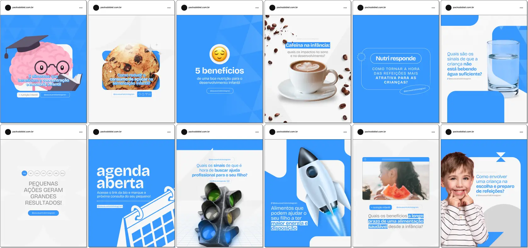 Pack Canva Nutrição Infantil 2.0 – Kit de posts editáveis para nutricionistas infantis, pediatras e profissionais da saúde. Inclui dicas sobre alimentação infantil, introdução alimentar, cardápios equilibrados e orientações para pais. Ideal para fortalecer a presença digital e engajar a audiência no Instagram e redes sociais.