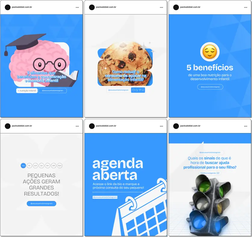 Pack Canva Nutrição Infantil 2.0 – Kit de posts editáveis para nutricionistas infantis, pediatras e profissionais da saúde. Inclui dicas sobre alimentação infantil, introdução alimentar, cardápios equilibrados e orientações para pais. Ideal para fortalecer a presença digital e engajar a audiência no Instagram e redes sociais.