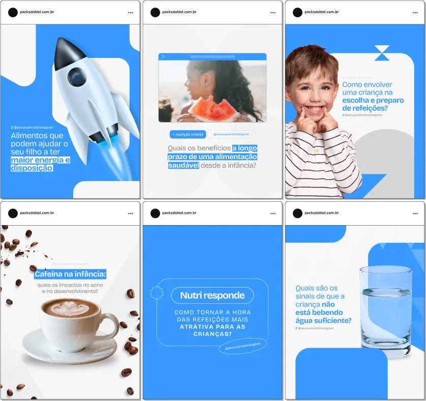Pack Canva Nutrição Infantil 2.0 – Kit de posts editáveis para nutricionistas infantis, pediatras e profissionais da saúde. Inclui dicas sobre alimentação infantil, introdução alimentar, cardápios equilibrados e orientações para pais. Ideal para fortalecer a presença digital e engajar a audiência no Instagram e redes sociais.