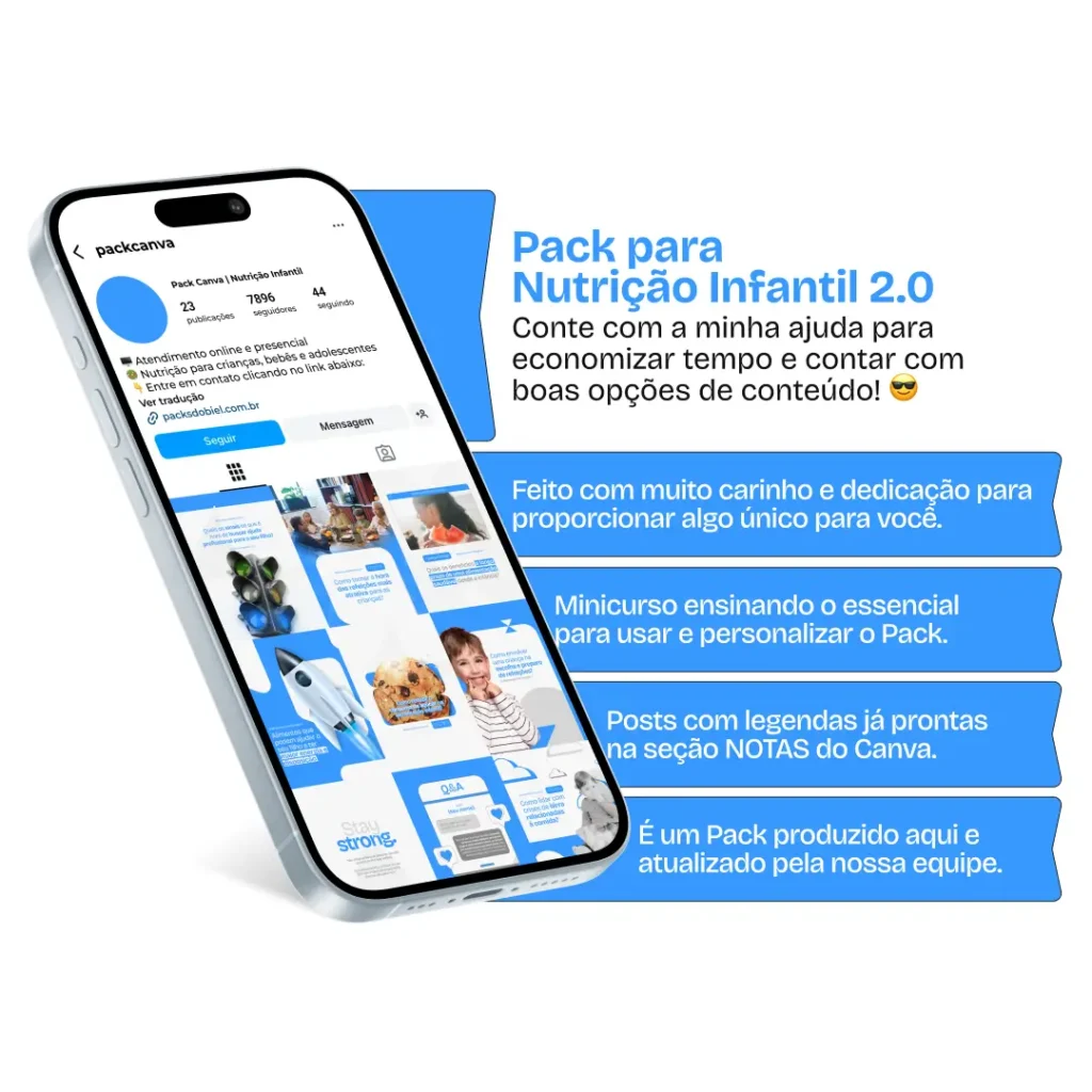 Pack Canva Nutrição Infantil 2.0 – Kit de posts editáveis para nutricionistas infantis, pediatras e profissionais da saúde. Inclui dicas sobre alimentação infantil, introdução alimentar, cardápios equilibrados e orientações para pais. Ideal para fortalecer a presença digital e engajar a audiência no Instagram e redes sociais.