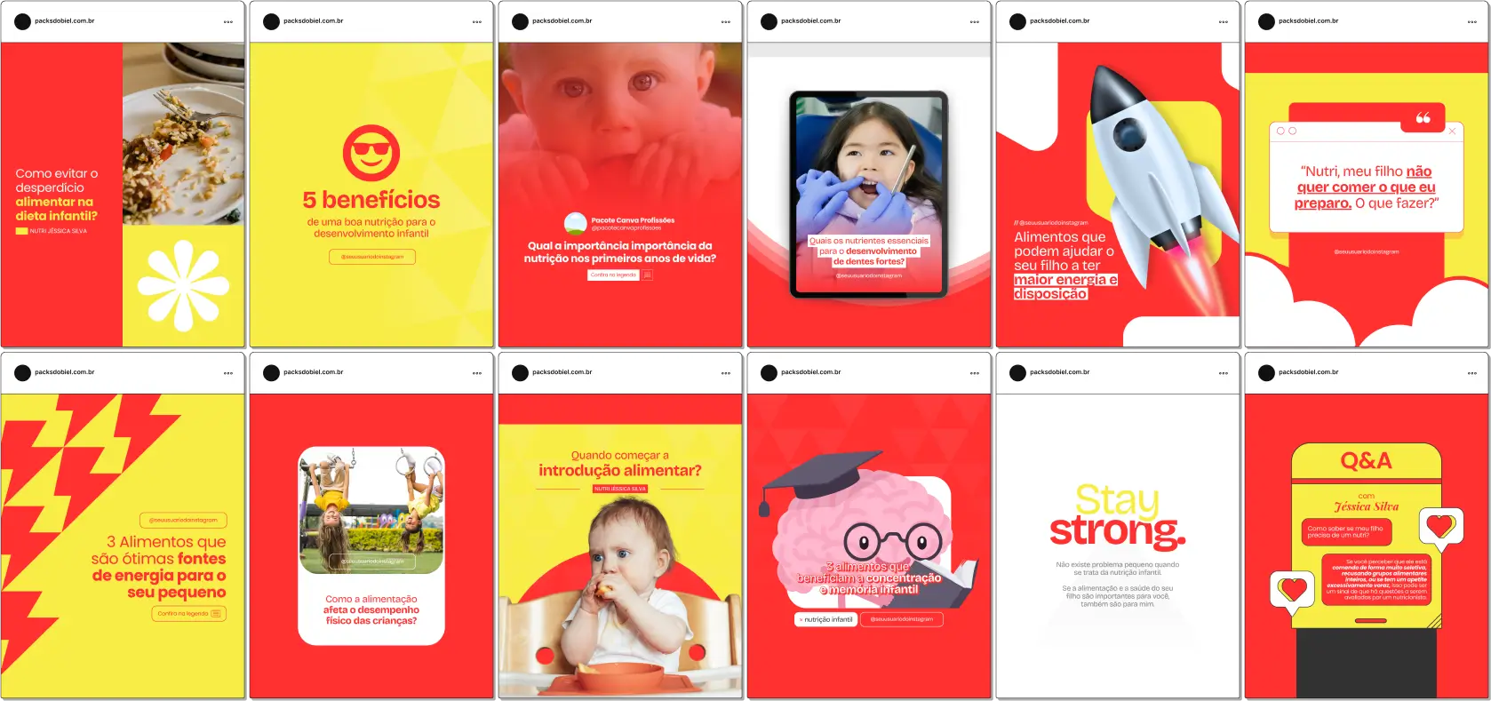 Pack Canva Nutrição Infantil – Conteúdos para Nutricionistas e Profissionais da Saúde – Com este kit de posts e artes editáveis no Canva, nutricionistas infantis, pediatras e profissionais da área da saúde podem criar conteúdos prontos para postar no Instagram e redes sociais. Inclui materiais personalizados abordando alimentação saudável para crianças, introdução alimentar, dicas de nutrientes essenciais, prevenção da obesidade infantil, receitas nutritivas, importância do aleitamento materno e muito mais. Ideal para educar os pais, fortalecer a autoridade profissional e atrair mais pacientes.