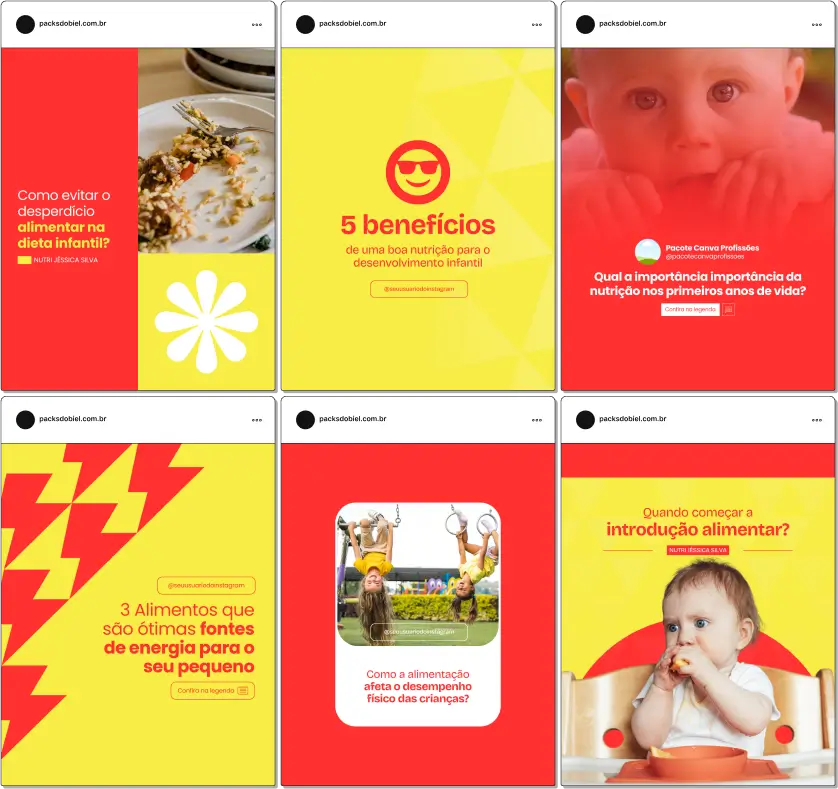 Pack Canva Nutrição Infantil – Conteúdos para Nutricionistas e Profissionais da Saúde – Com este kit de posts e artes editáveis no Canva, nutricionistas infantis, pediatras e profissionais da área da saúde podem criar conteúdos prontos para postar no Instagram e redes sociais. Inclui materiais personalizados abordando alimentação saudável para crianças, introdução alimentar, dicas de nutrientes essenciais, prevenção da obesidade infantil, receitas nutritivas, importância do aleitamento materno e muito mais. Ideal para educar os pais, fortalecer a autoridade profissional e atrair mais pacientes.