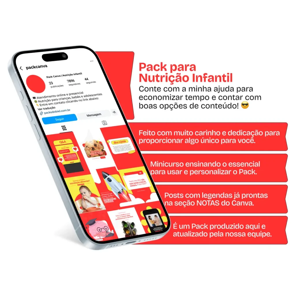 Pack Canva Nutrição Infantil – Conteúdos para Nutricionistas e Profissionais da Saúde – Com este kit de posts e artes editáveis no Canva, nutricionistas infantis, pediatras e profissionais da área da saúde podem criar conteúdos prontos para postar no Instagram e redes sociais. Inclui materiais personalizados abordando alimentação saudável para crianças, introdução alimentar, dicas de nutrientes essenciais, prevenção da obesidade infantil, receitas nutritivas, importância do aleitamento materno e muito mais. Ideal para educar os pais, fortalecer a autoridade profissional e atrair mais pacientes.