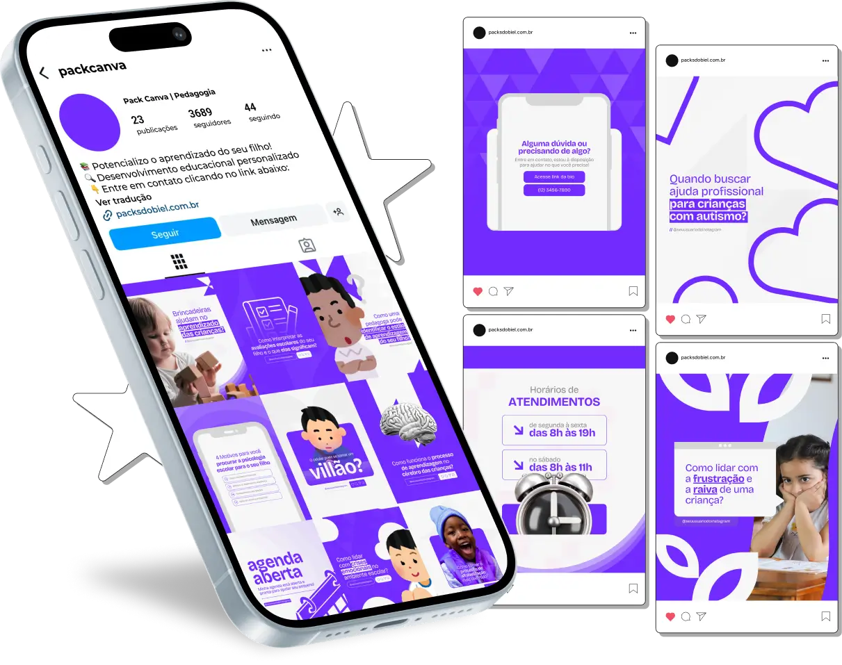 Perfil do Instagram com Artes e Posts Editáveis para Pedagogia – Com este kit de posts e artes editáveis no Canva, pedagogos e profissionais da educação podem criar conteúdos prontos para postar em perfis do Instagram e redes sociais. Inclui materiais sobre métodos de ensino, dicas para pais e educadores, desenvolvimento infantil, aprendizado lúdico, inclusão na educação, gestão de sala de aula e muito mais. Ideal para fortalecer a presença digital, compartilhar conhecimento e atrair engajamento com um público interessado em educação.