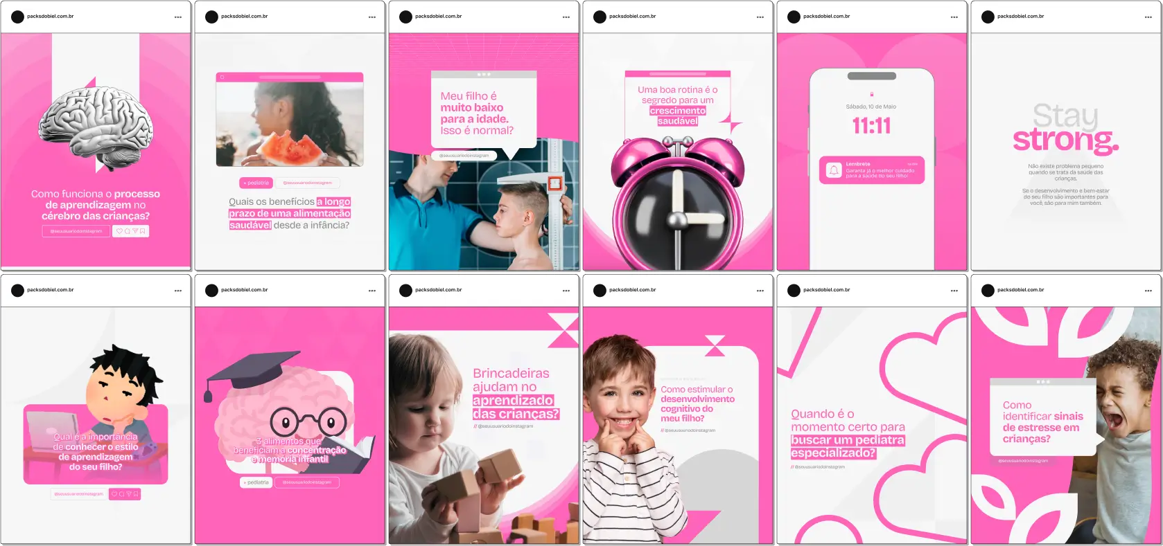 Pack Canva Pediatria – Conteúdos para Profissionais de Saúde Infantil – Com este kit de posts e artes editáveis no Canva, pediatras e profissionais de saúde infantil podem criar conteúdos prontos para postar em perfis do Instagram e redes sociais. Inclui materiais personalizados sobre saúde infantil, cuidados com recém-nascidos, vacinas, desenvolvimento motor e cognitivo, alimentação saudável, prevenção de doenças e muito mais. Ideal para educar pais e responsáveis, promover cuidados com a saúde das crianças e aumentar a visibilidade digital dos profissionais de pediatria.