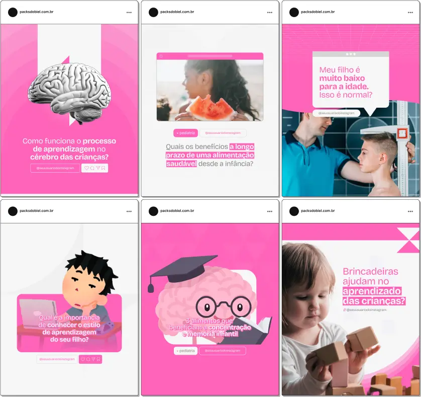 Pack Canva Pediatria – Conteúdos para Profissionais de Saúde Infantil – Com este kit de posts e artes editáveis no Canva, pediatras e profissionais de saúde infantil podem criar conteúdos prontos para postar em perfis do Instagram e redes sociais. Inclui materiais personalizados sobre saúde infantil, cuidados com recém-nascidos, vacinas, desenvolvimento motor e cognitivo, alimentação saudável, prevenção de doenças e muito mais. Ideal para educar pais e responsáveis, promover cuidados com a saúde das crianças e aumentar a visibilidade digital dos profissionais de pediatria.