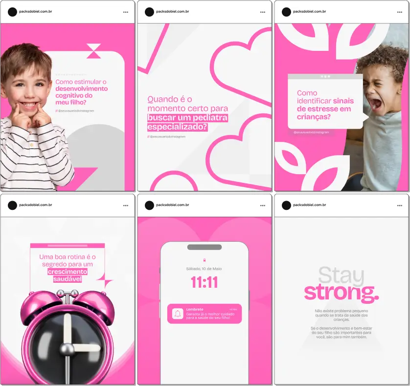 Pack Canva Pediatria – Conteúdos para Profissionais de Saúde Infantil – Com este kit de posts e artes editáveis no Canva, pediatras e profissionais de saúde infantil podem criar conteúdos prontos para postar em perfis do Instagram e redes sociais. Inclui materiais personalizados sobre saúde infantil, cuidados com recém-nascidos, vacinas, desenvolvimento motor e cognitivo, alimentação saudável, prevenção de doenças e muito mais. Ideal para educar pais e responsáveis, promover cuidados com a saúde das crianças e aumentar a visibilidade digital dos profissionais de pediatria.