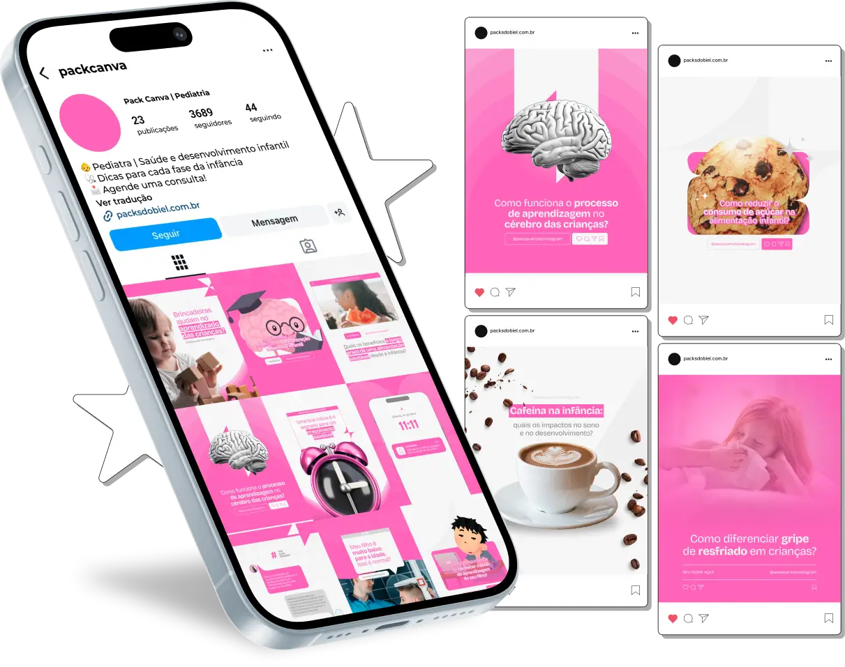 Pack Canva Pediatria – Conteúdos para Profissionais de Saúde Infantil – Com este kit de posts e artes editáveis no Canva, pediatras e profissionais de saúde infantil podem criar conteúdos prontos para postar em perfis do Instagram e redes sociais. Inclui materiais personalizados sobre saúde infantil, cuidados com recém-nascidos, vacinas, desenvolvimento motor e cognitivo, alimentação saudável, prevenção de doenças e muito mais. Ideal para educar pais e responsáveis, promover cuidados com a saúde das crianças e aumentar a visibilidade digital dos profissionais de pediatria.