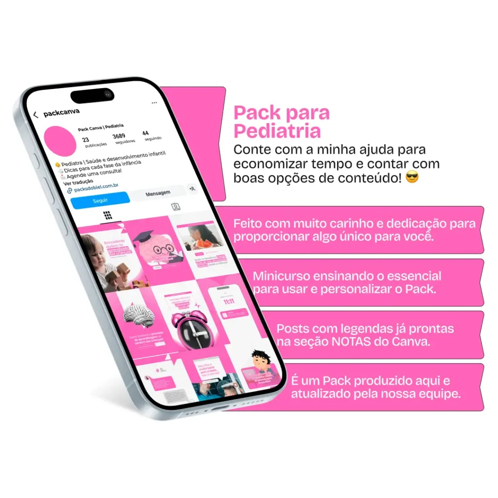 Pack Canva Pediatria – Conteúdos para Profissionais de Saúde Infantil – Com este kit de posts e artes editáveis no Canva, pediatras e profissionais de saúde infantil podem criar conteúdos prontos para postar em perfis do Instagram e redes sociais. Inclui materiais personalizados sobre saúde infantil, cuidados com recém-nascidos, vacinas, desenvolvimento motor e cognitivo, alimentação saudável, prevenção de doenças e muito mais. Ideal para educar pais e responsáveis, promover cuidados com a saúde das crianças e aumentar a visibilidade digital dos profissionais de pediatria.