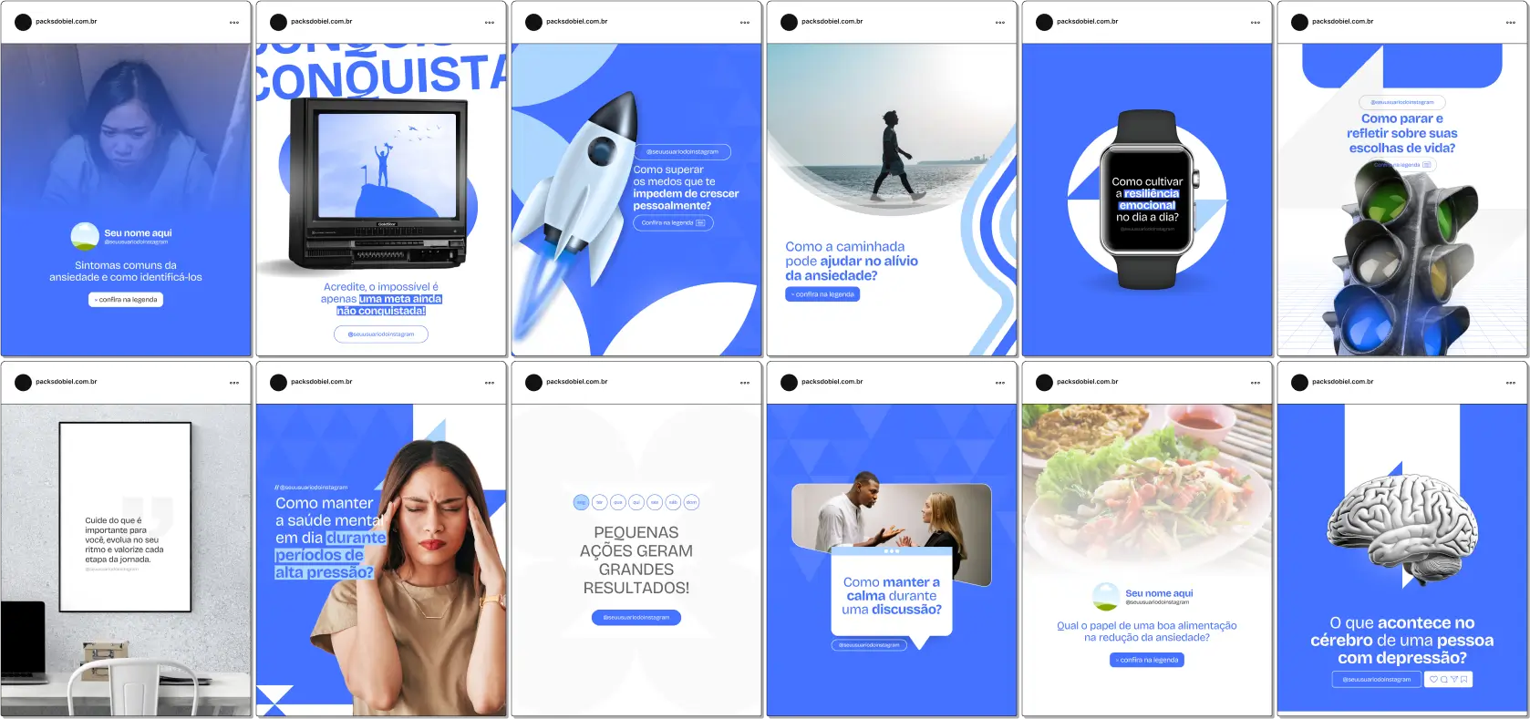 Perfil do Instagram com Artes e Posts Editáveis para Psicologia – Ansiedade e Depressão – Com este kit de posts e artes editáveis no Canva, psicólogos, terapeutas e profissionais de saúde mental podem criar conteúdos prontos para postar em perfis do Instagram e redes sociais. Inclui materiais personalizados abordando temas sobre tratamento da ansiedade, estratégias de enfrentamento da depressão, apoio emocional, autoconhecimento, técnicas terapêuticas e prevenção de crises. Ideal para promover a saúde mental, educar a audiência sobre as condições psicológicas e atrair novos pacientes de forma eficaz e profissional.