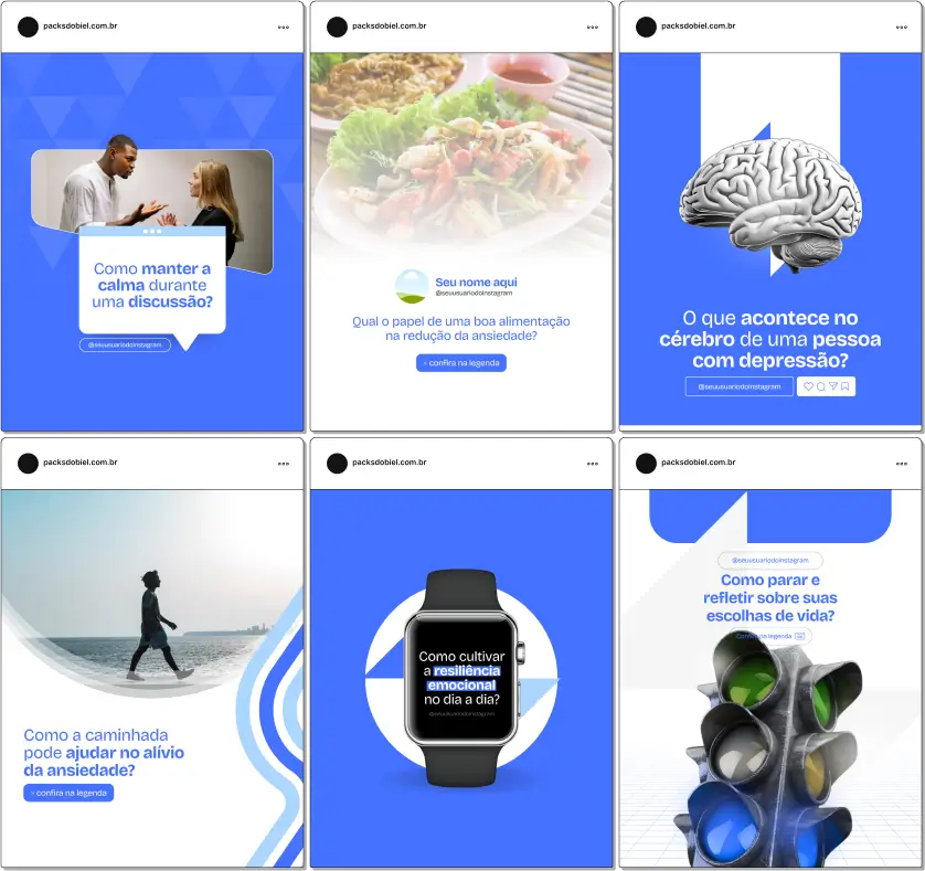 Perfil do Instagram com Artes e Posts Editáveis para Psicologia – Ansiedade e Depressão – Com este kit de posts e artes editáveis no Canva, psicólogos, terapeutas e profissionais de saúde mental podem criar conteúdos prontos para postar em perfis do Instagram e redes sociais. Inclui materiais personalizados abordando temas sobre tratamento da ansiedade, estratégias de enfrentamento da depressão, apoio emocional, autoconhecimento, técnicas terapêuticas e prevenção de crises. Ideal para promover a saúde mental, educar a audiência sobre as condições psicológicas e atrair novos pacientes de forma eficaz e profissional.
